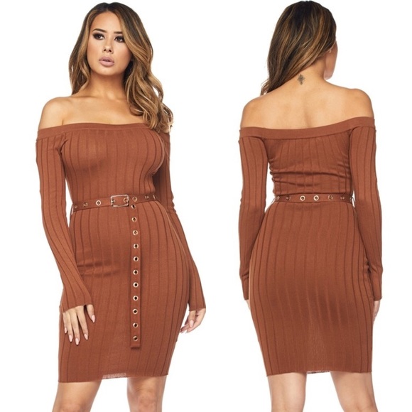Hera Collection Dresses & Skirts - 🧡 Sexy Ribbed Knit Off Shoulder Belted Bodycon - Rust